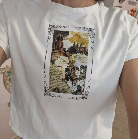 White Graphic T-Shirt with Artistic European Inspired Print - Picture 1 of 2